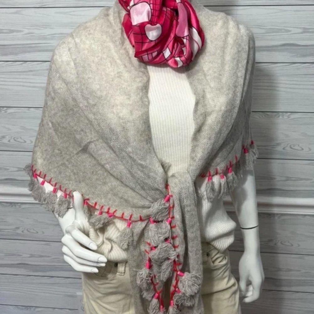 White + Warren 100% cashmere gray pink/orange tassel shawl/scarf